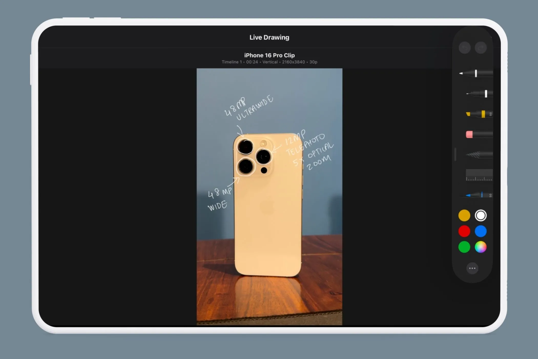 Menu các công cụ vẽ Live Drawing trong Final Cut Pro iPad hiển thị các tùy chọn bút