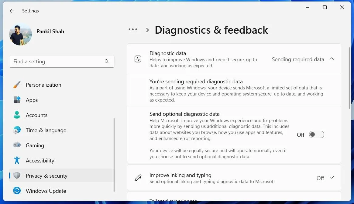 Menu cài đặt Chẩn đoán và phản hồi trong ứng dụng Cài đặt Windows 11