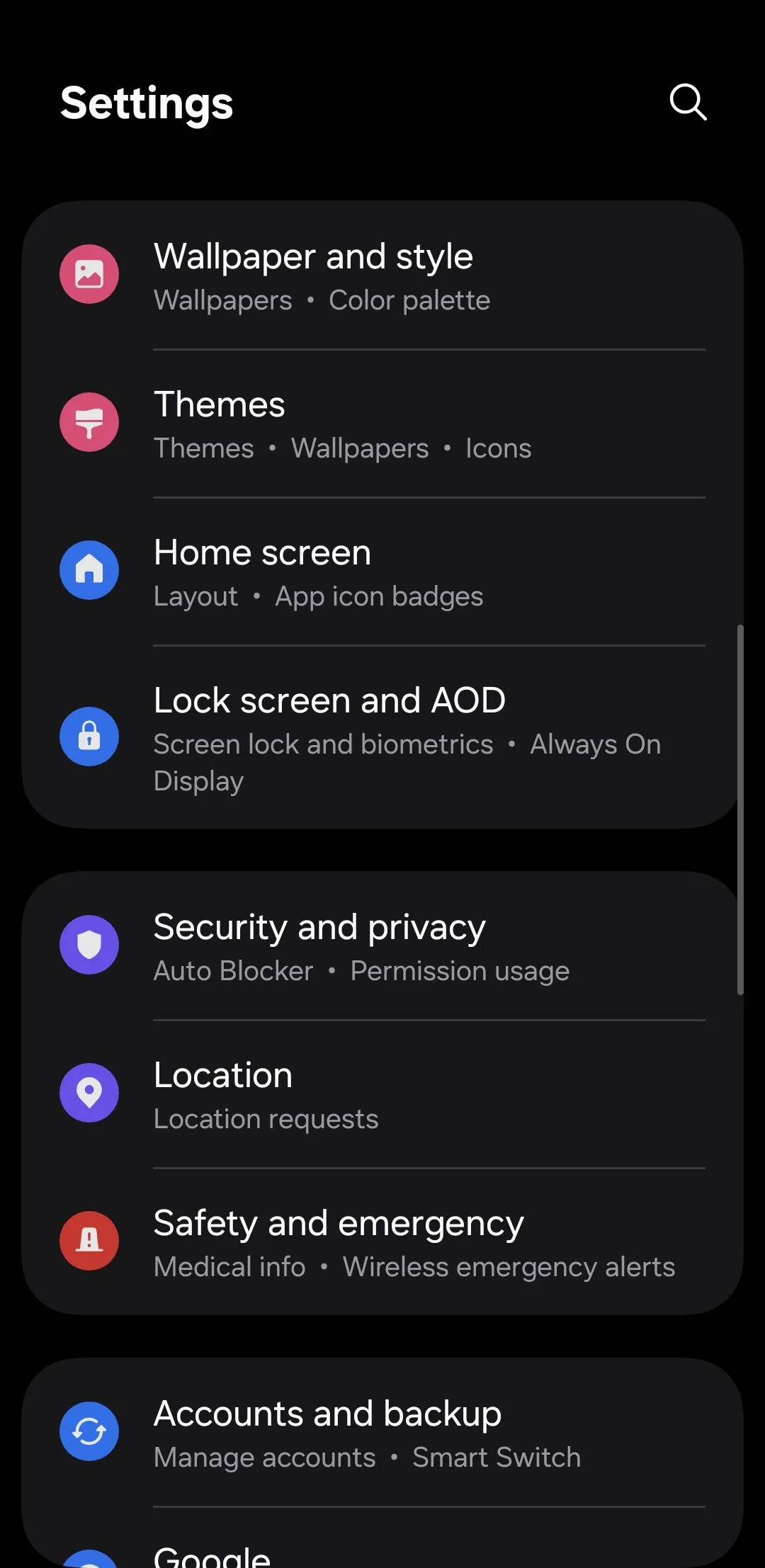 Menu Cài đặt chung trên điện thoại Android để tìm Secure lock settings