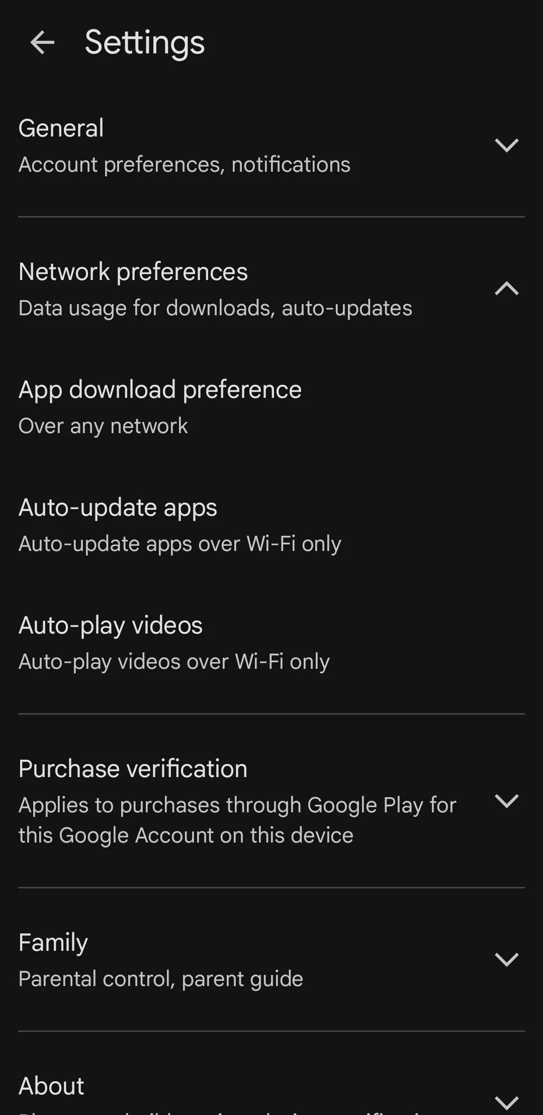 Menu cài đặt Google Play Store trên điện thoại Samsung, hiển thị các tùy chọn cấu hình ứng dụng.
