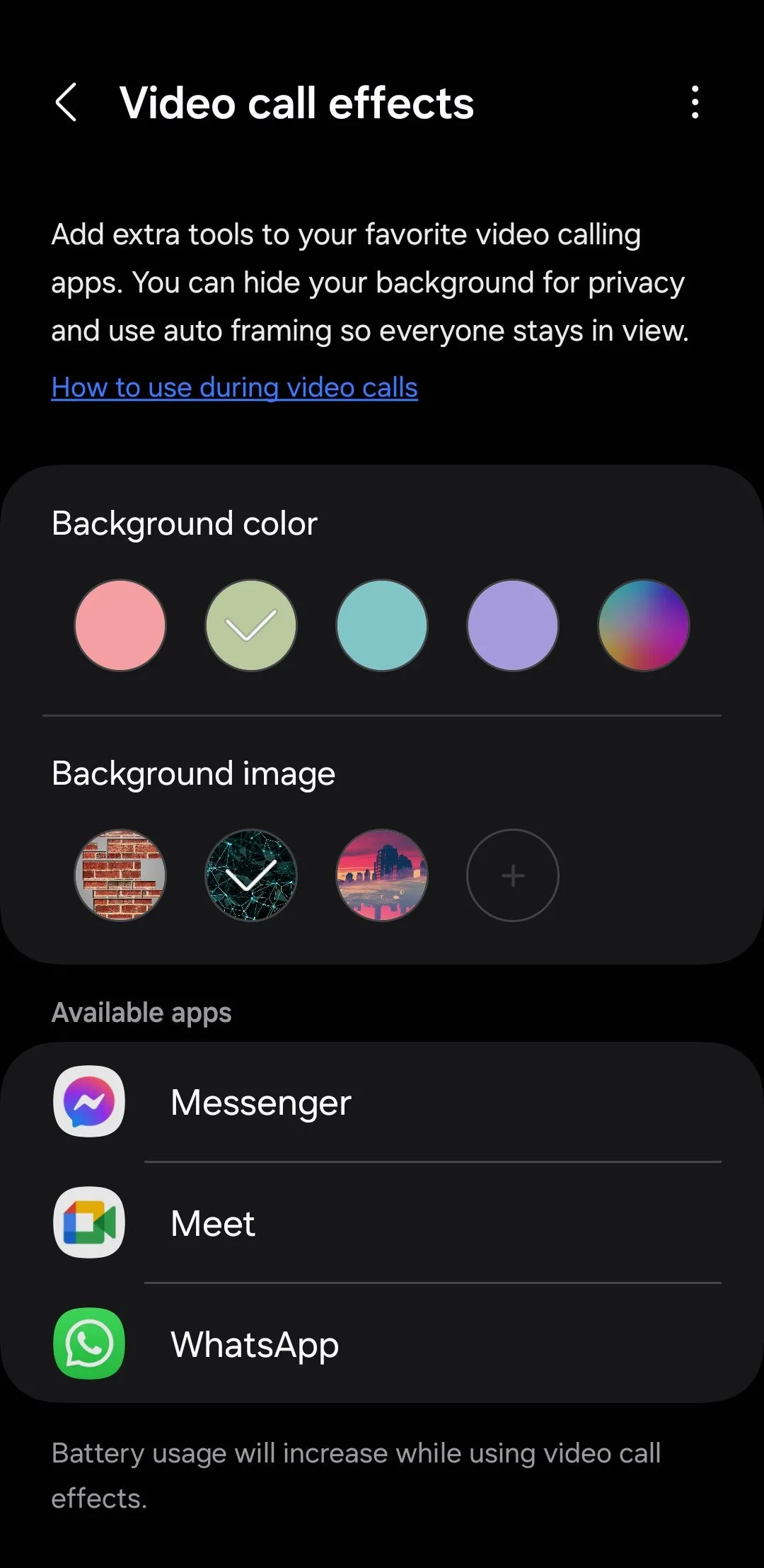 Menu cài đặt Hiệu ứng cuộc gọi video của One UI trên Samsung Galaxy, với tùy chọn thay đổi hình nền và lấy nét