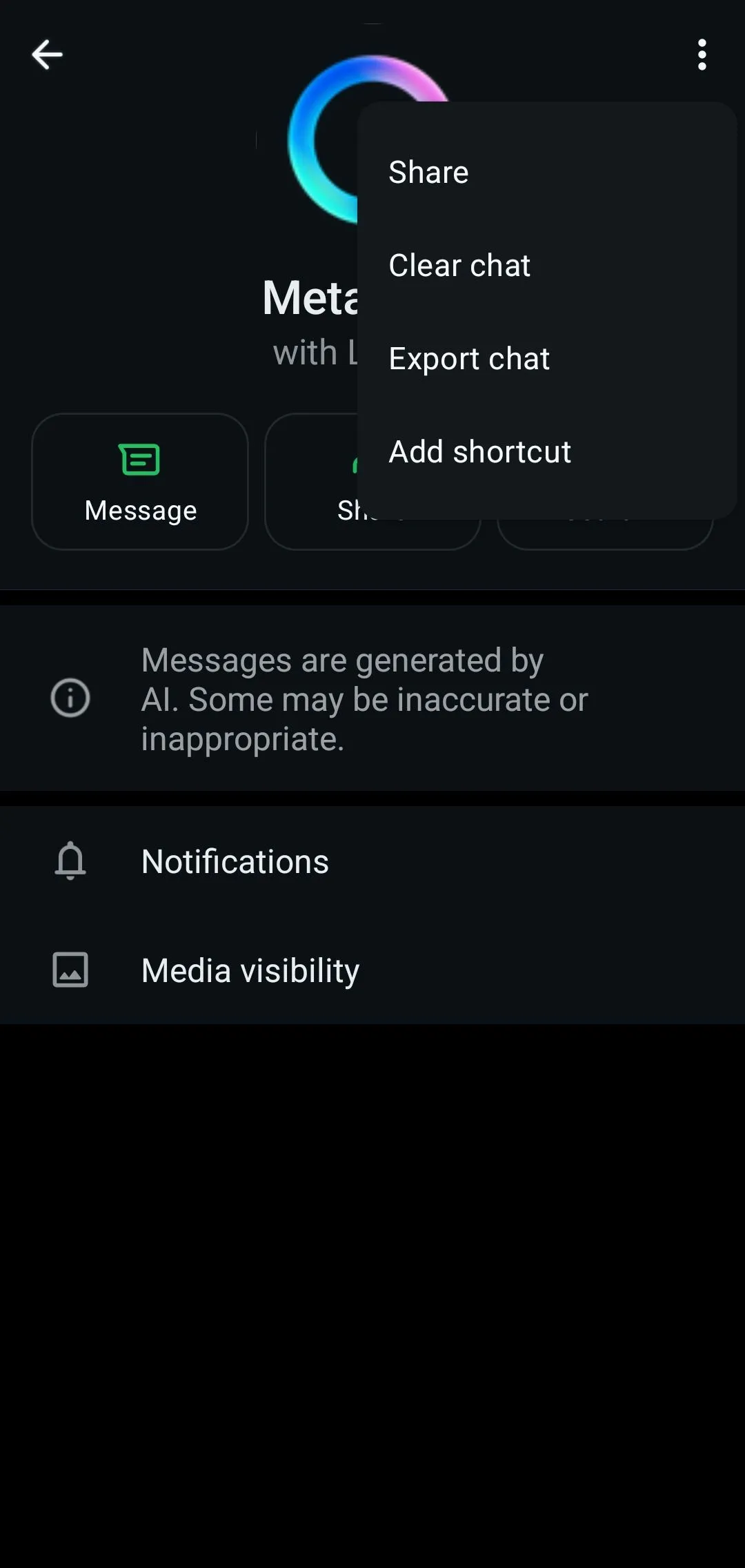 Menu cài đặt hồ sơ WhatsApp hiển thị tùy chọn Meta AI, cho thấy không có cách tắt tính năng này.