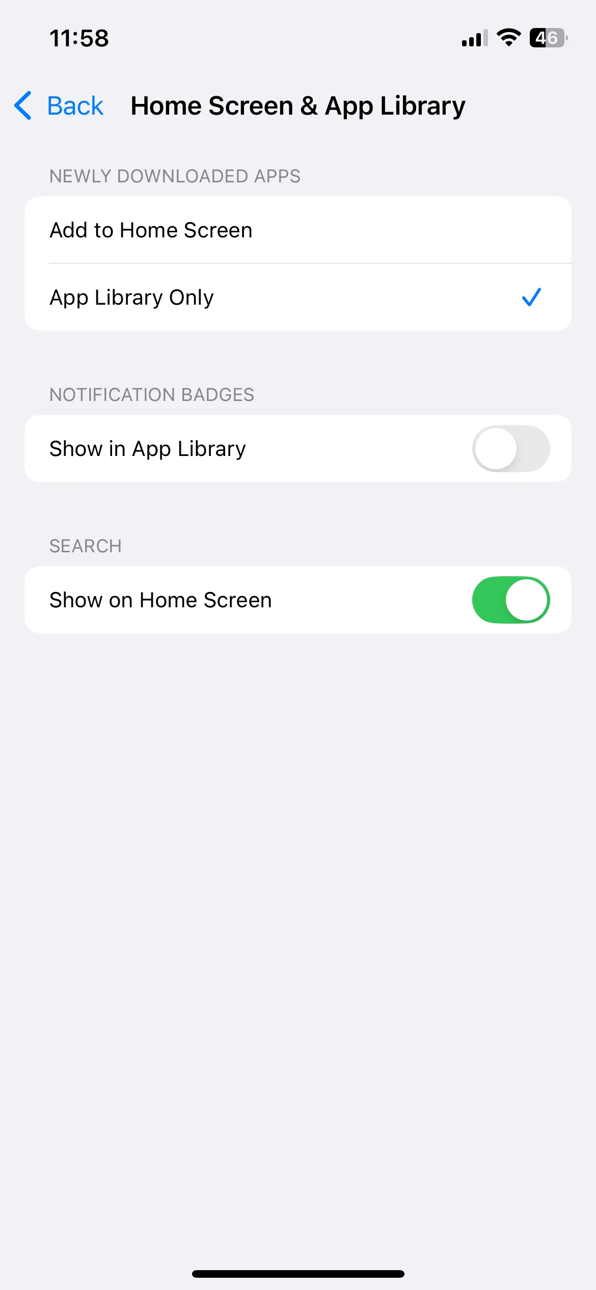 Menu cài đặt Màn hình chính trên iPhone, hiển thị tùy chọn 'Chỉ Thư viện ứng dụng' để ứng dụng mới không tự động vào màn hình chính.