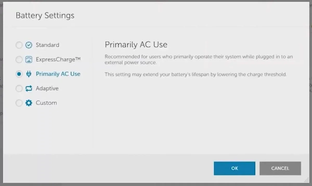 Menu cài đặt pin trong ứng dụng Dell Power Manager với tùy chọn sử dụng nguồn AC chính