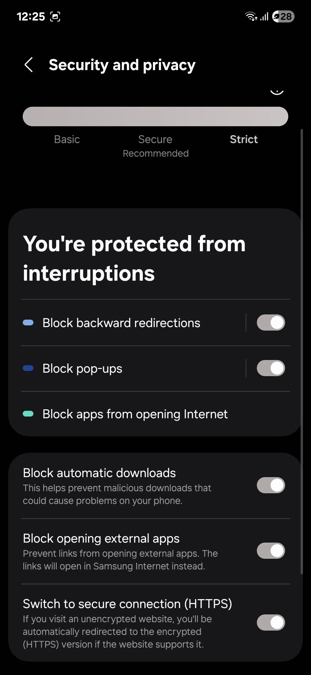 Menu cài đặt quyền riêng tư nâng cao của Samsung Internet