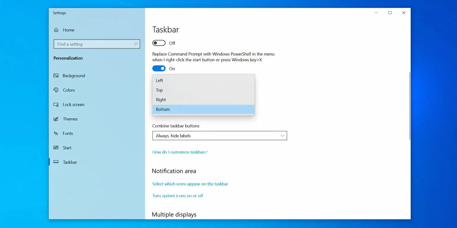 Menu cài đặt Taskbar trên Windows 10 với các tùy chọn vị trí thanh tác vụ.