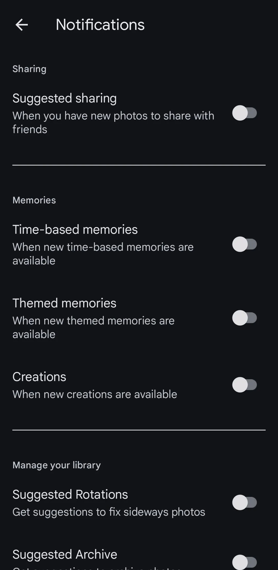 Menu cài đặt thông báo của Google Photos trên Android