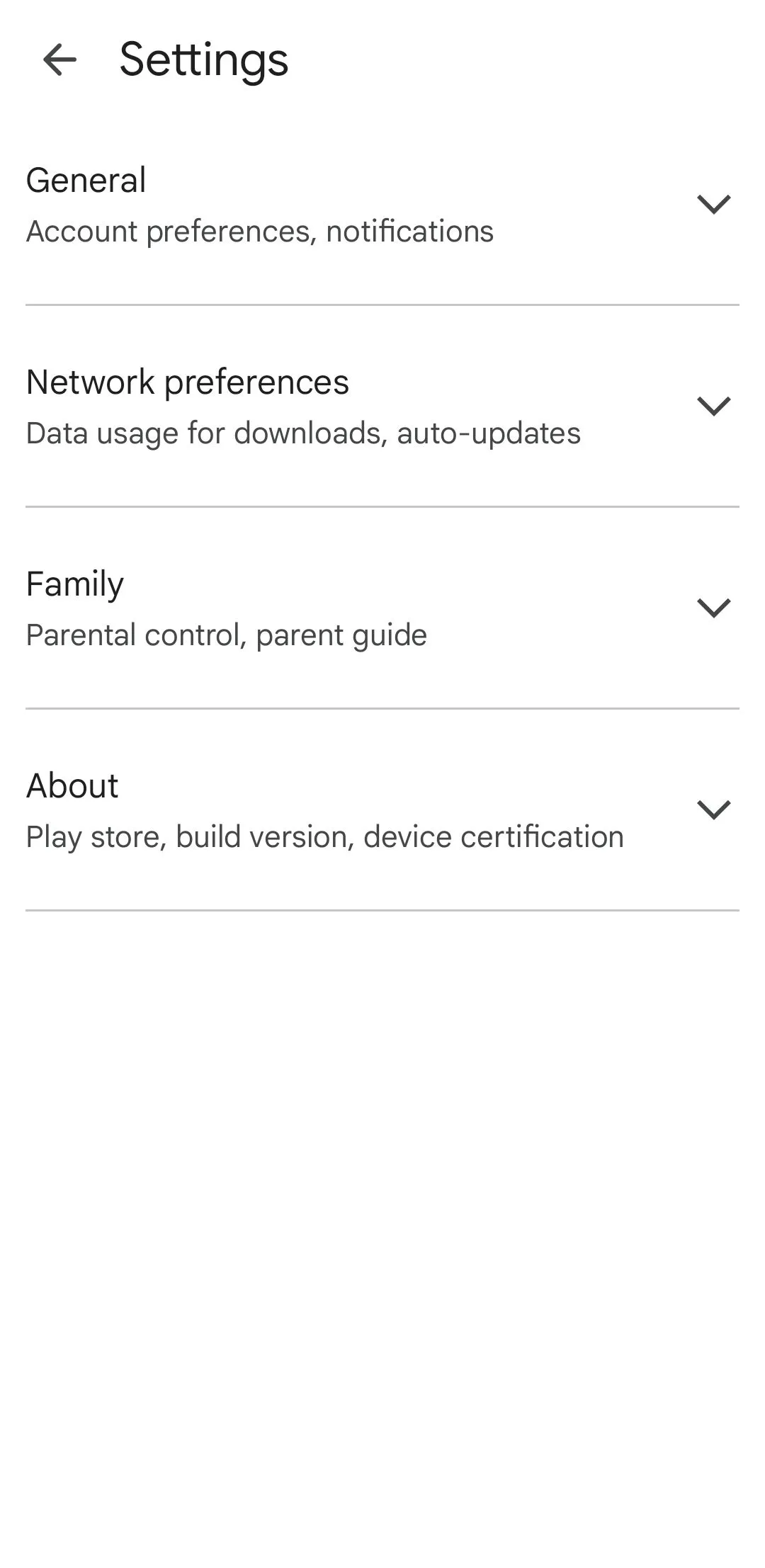 Menu cài đặt tổng thể của Google Play Store trên thiết bị Android.