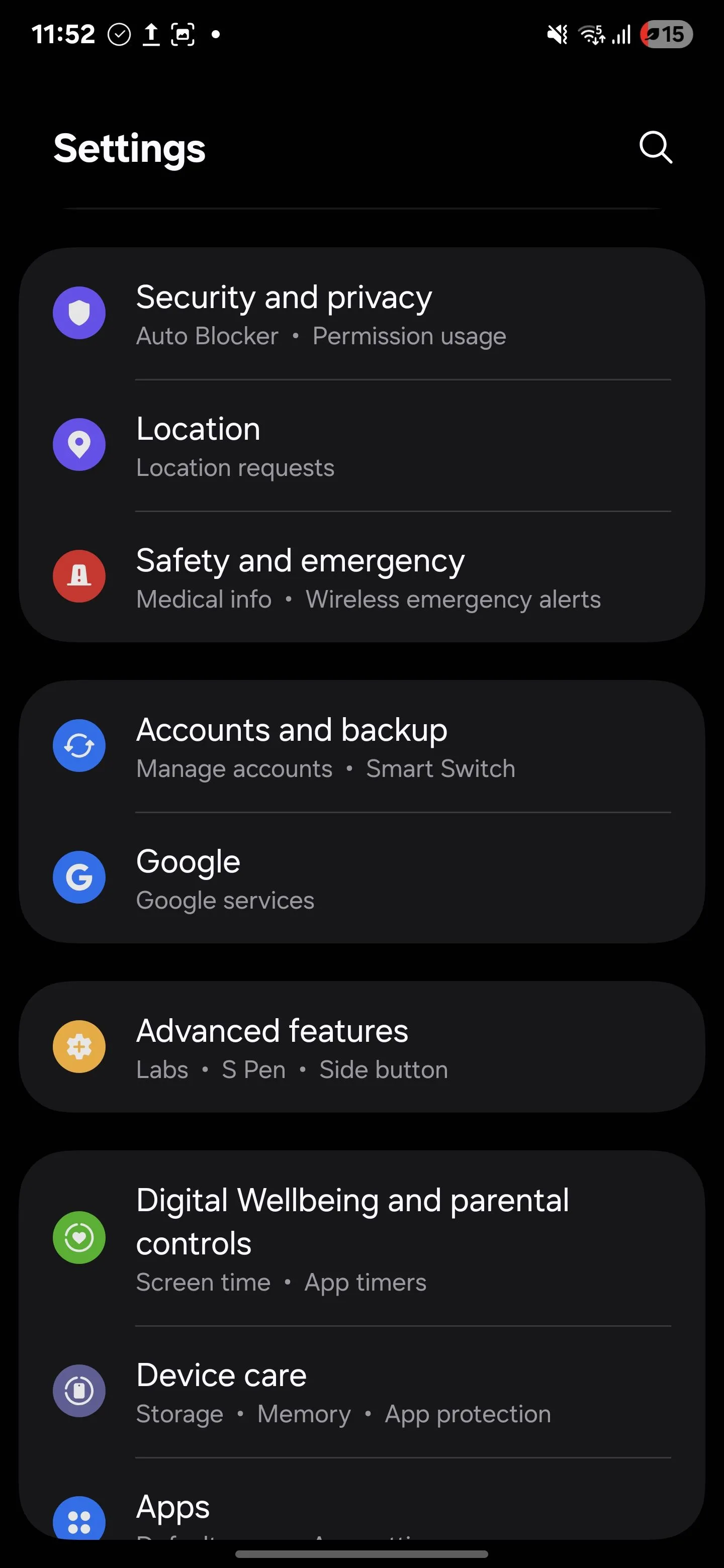 Menu "Cài đặt" trên điện thoại Samsung Galaxy S25 Android