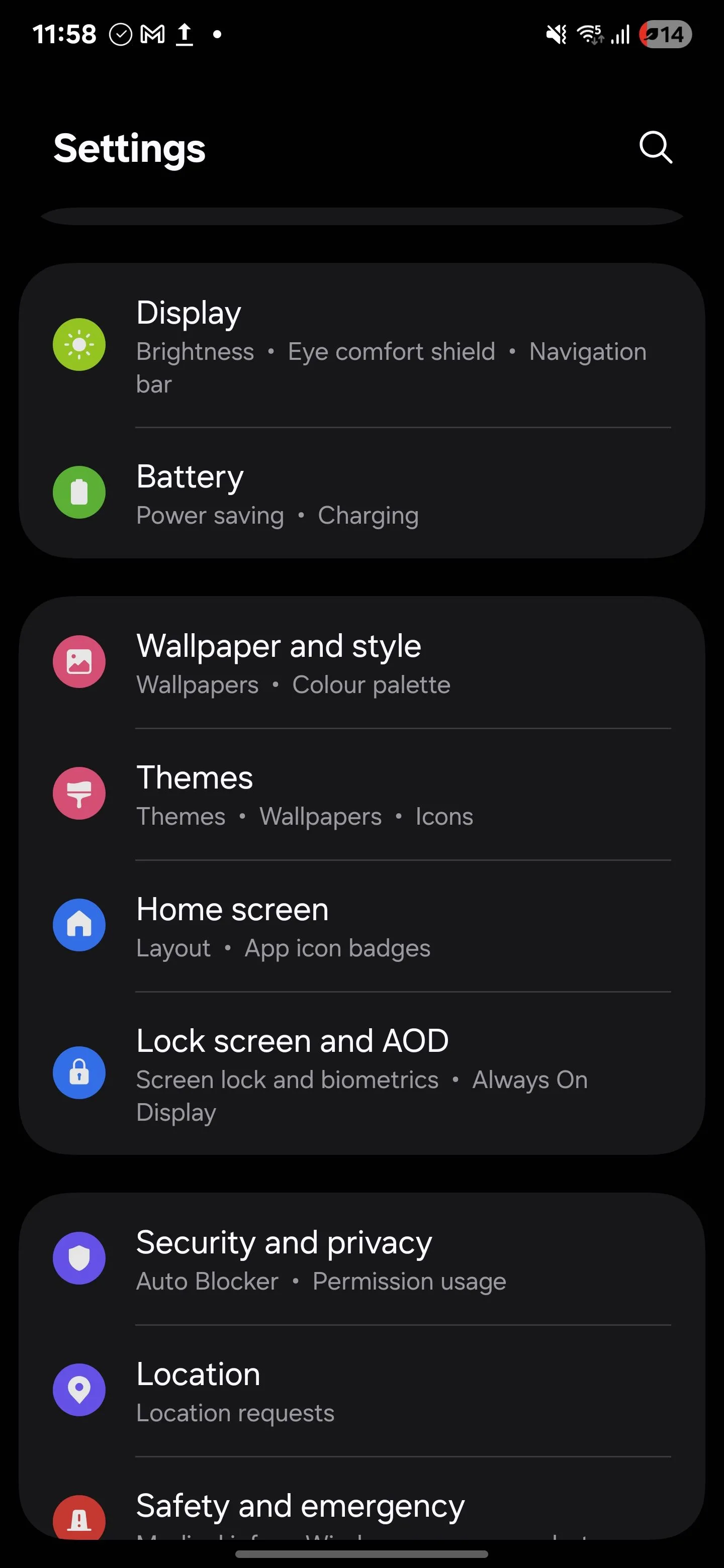 Menu "Cài đặt" trên điện thoại Samsung Galaxy S25 Ultra Android