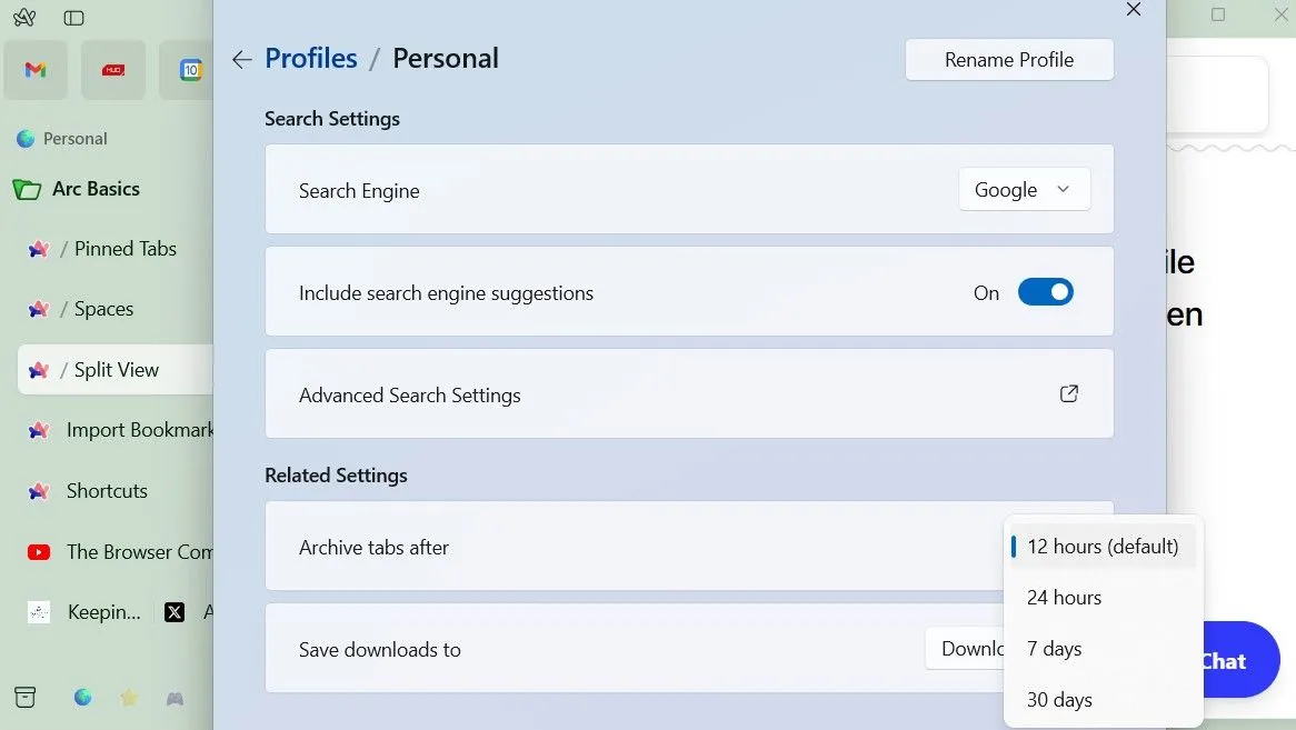 Menu cài đặt tự động lưu trữ tab trong Arc Browser, cho phép người dùng tùy chỉnh thời gian tự động đóng các tab không sử dụng