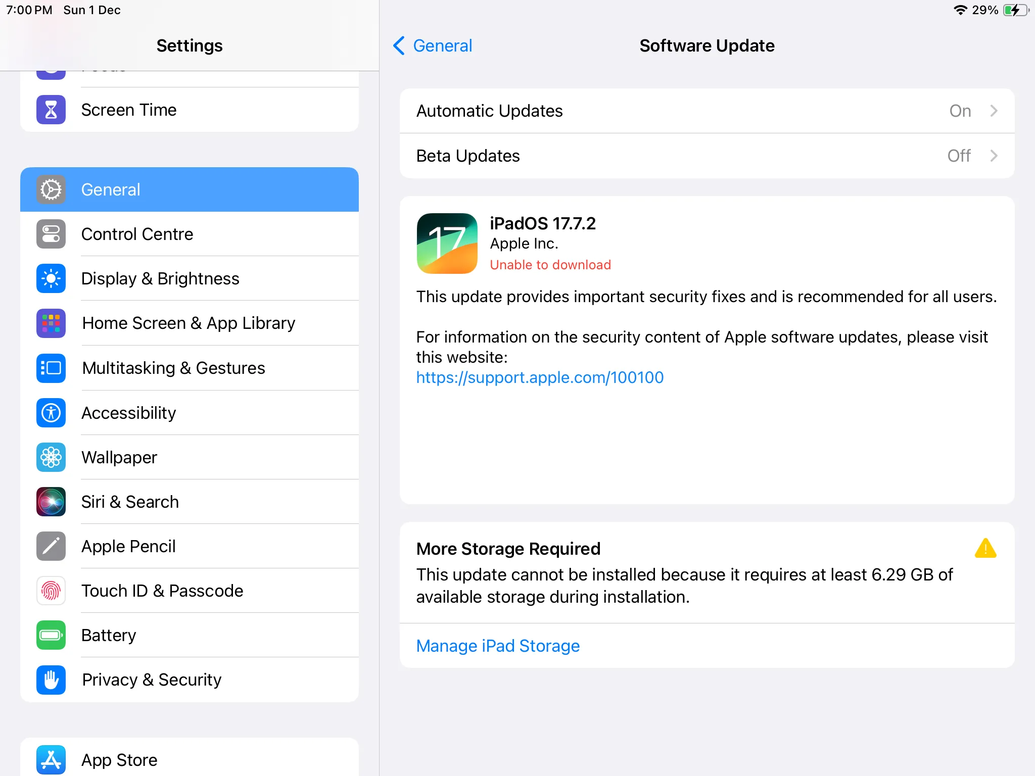 Menu cập nhật phần mềm iPadOS hiển thị phiên bản iPadOS 17 mới có sẵn