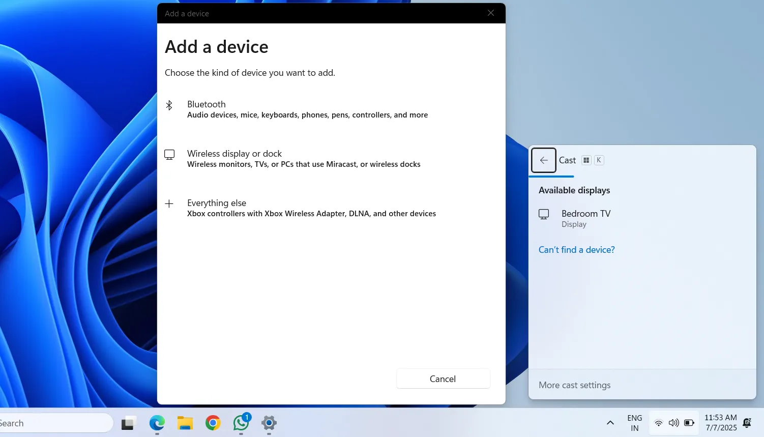 Menu Cast trên Windows 11, hiển thị danh sách các thiết bị không dây có sẵn để kết nối