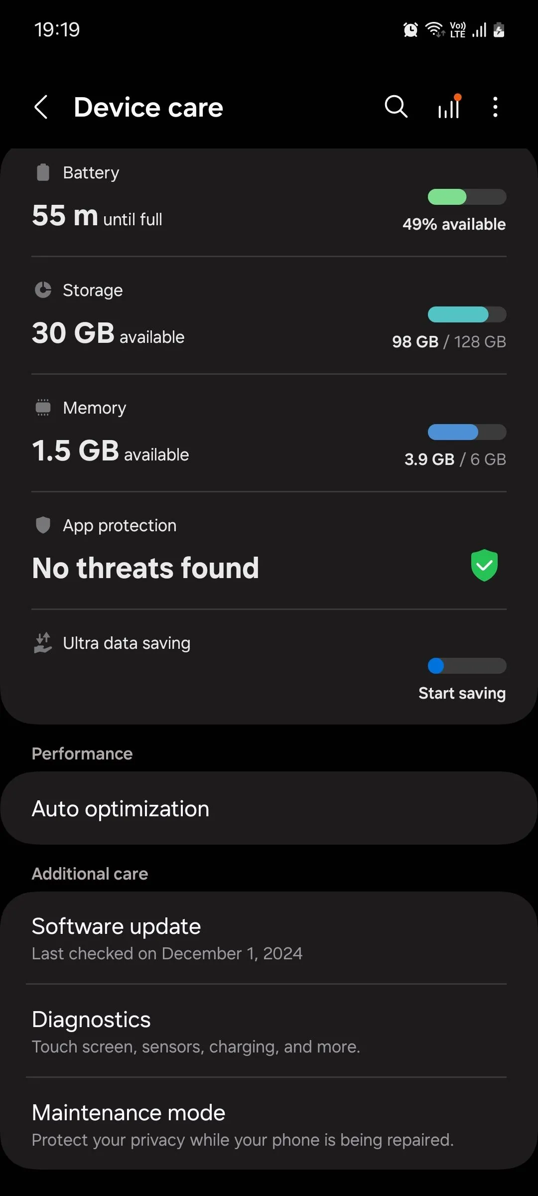 Menu Chăm sóc thiết bị Samsung One UI
