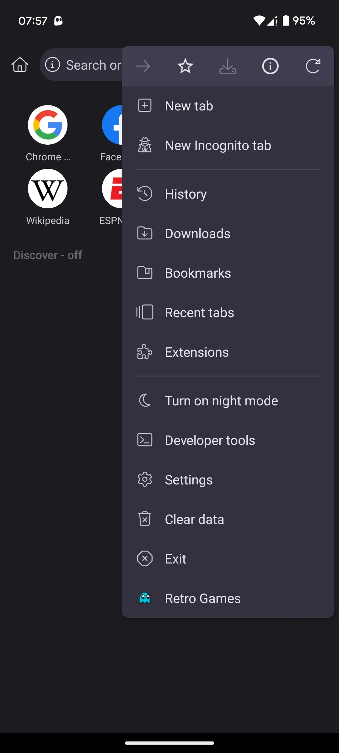 Menu chính của trình duyệt Kiwi Browser trên điện thoại Android, hiển thị tùy chọn Tiện ích mở rộng