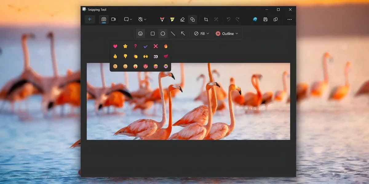 Menu chọn biểu tượng cảm xúc trong tính năng chú thích hình ảnh của Snipping Tool Windows 11.