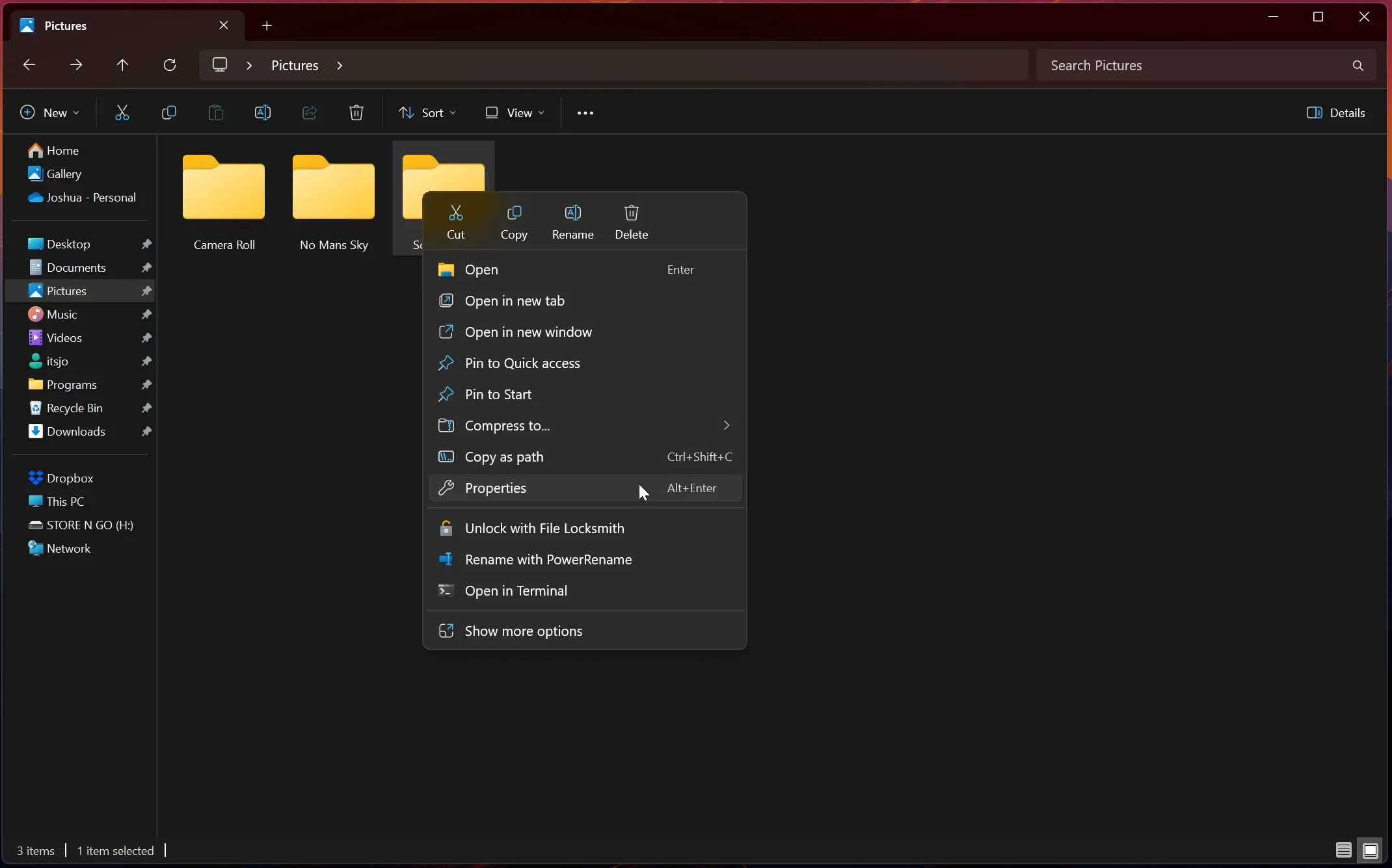 Menu chuột phải thư mục Screenshots trong File Explorer, trỏ vào tùy chọn Properties