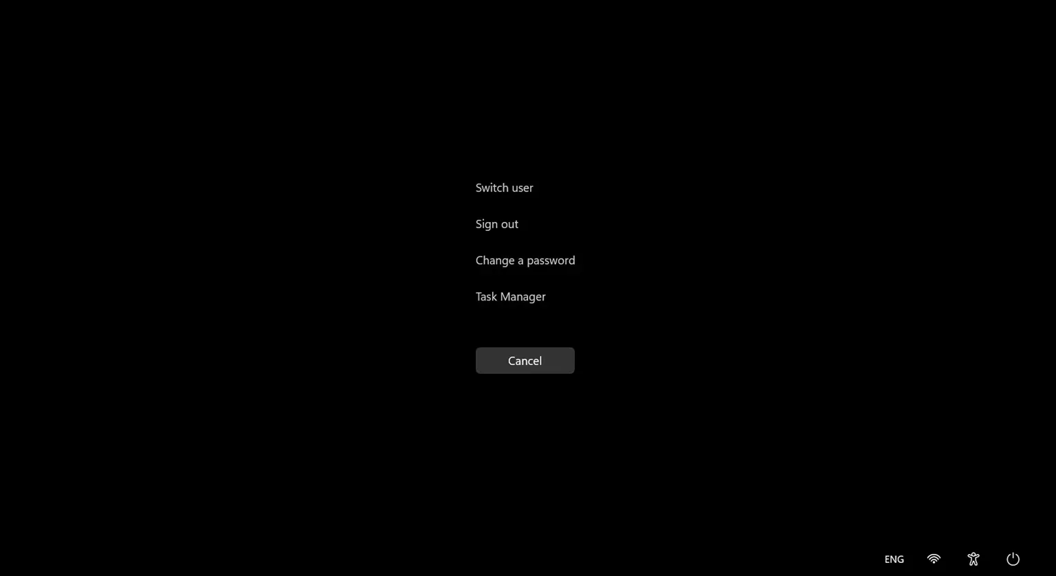 Menu Ctrl+Alt+Del trong Windows 11, cung cấp các tùy chọn như mở Task Manager khi ứng dụng bị treo toàn màn hình.