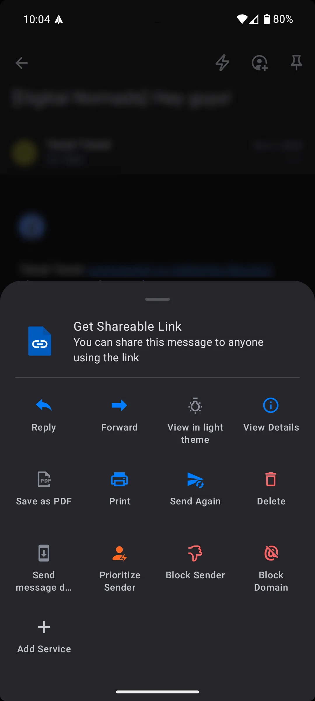 Menu cuộc hội thoại trong ứng dụng Spark Mail Android, cho phép tạo liên kết chia sẻ
