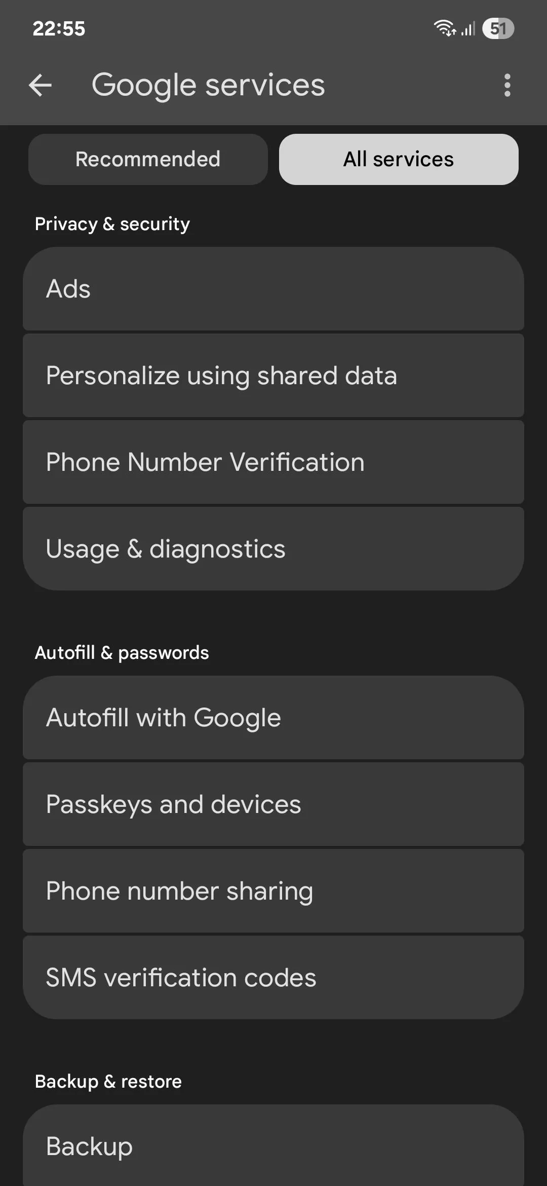 Menu dịch vụ Google trong cài đặt Android để quản lý quảng cáo.