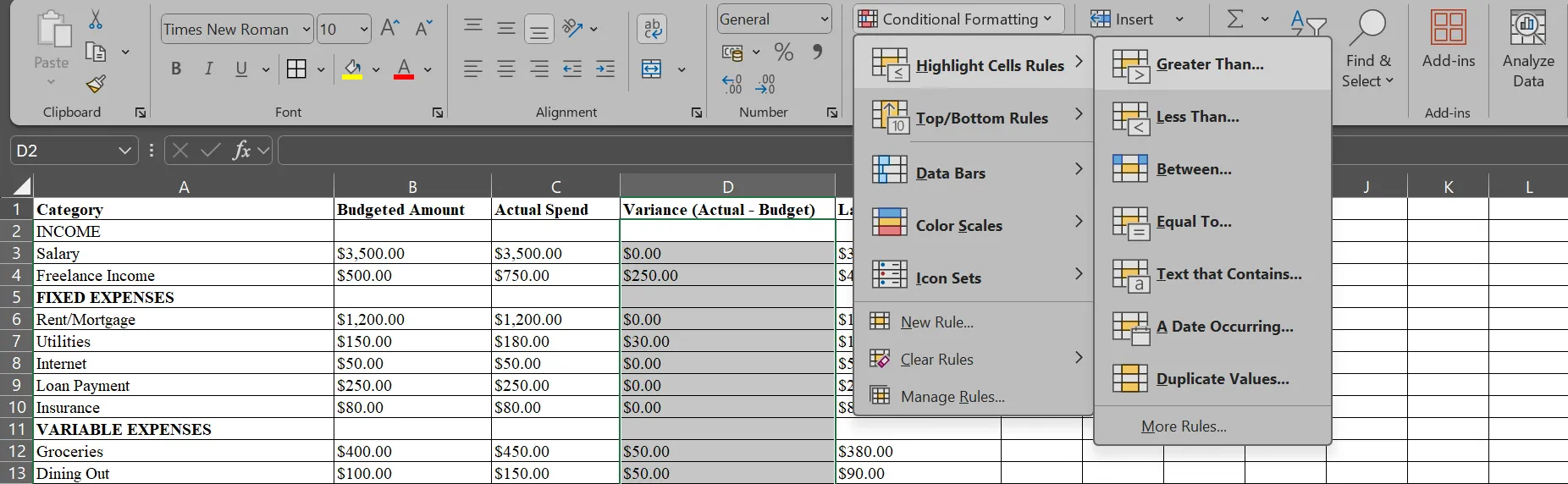 Menu Định dạng Có Điều kiện đang mở trên một bảng tính quản lý ngân sách trong Microsoft Excel.