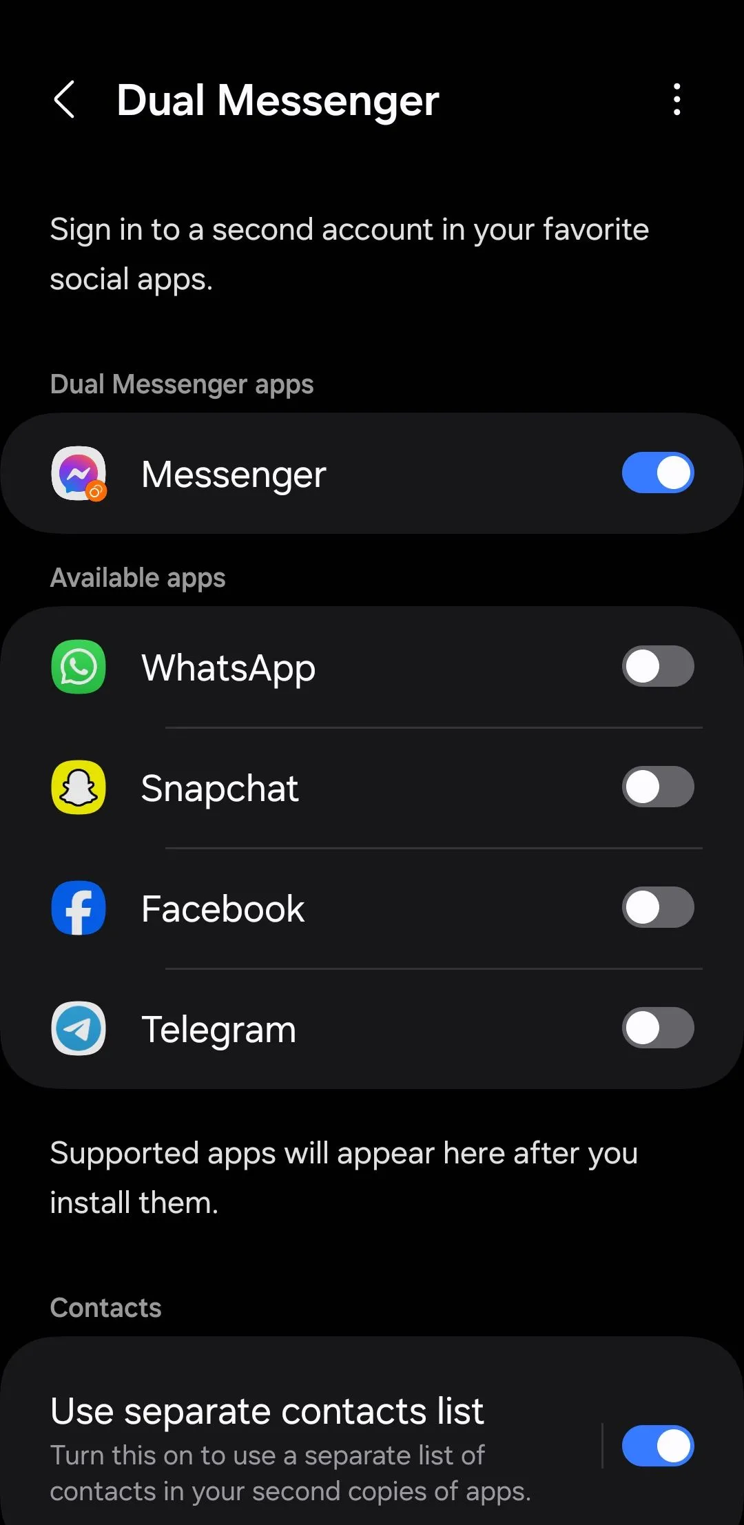 Menu Dual Messenger trên điện thoại Samsung, cho phép nhân bản các ứng dụng nhắn tin