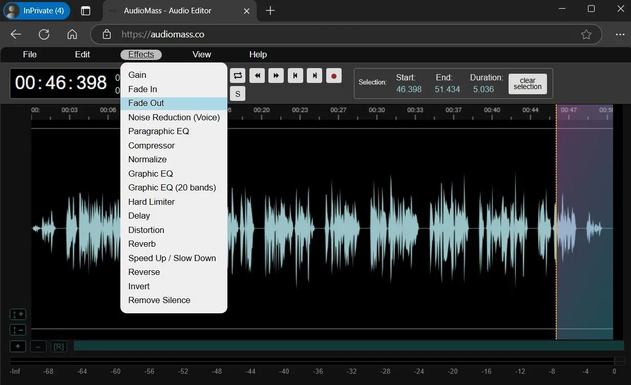 Menu hiệu ứng trong AudioMass hiển thị tùy chọn Fade Out cho chỉnh sửa âm thanh chuyên sâu