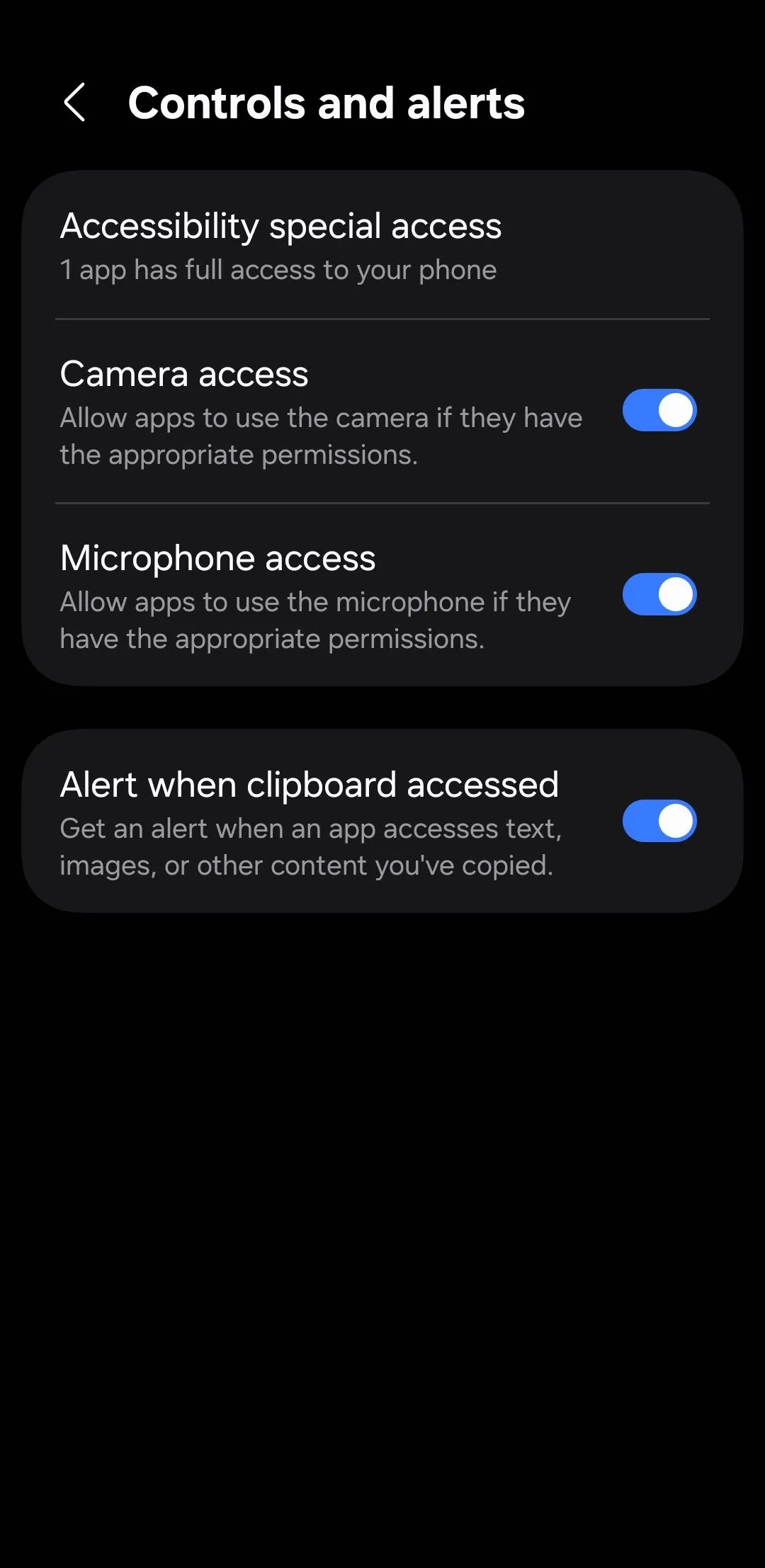 Menu Kiểm soát và cảnh báo trên Android, hiển thị tùy chọn cảnh báo truy cập Clipboard