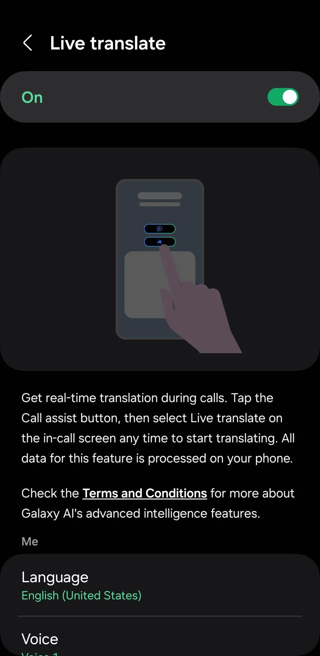Menu Live Translate (Dịch thuật trực tiếp) trong ứng dụng Điện thoại Samsung