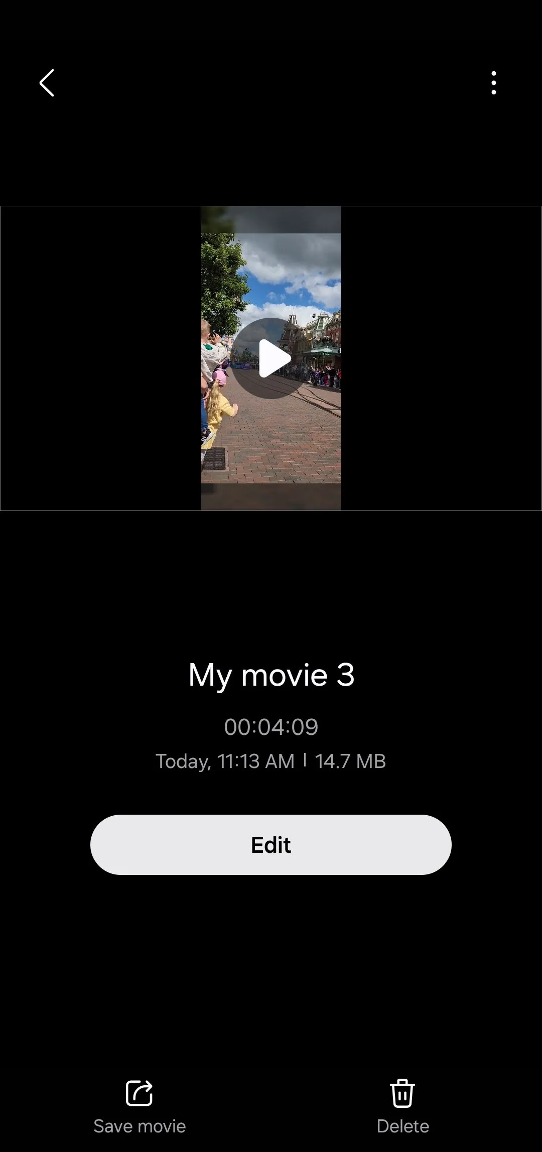 Menu lưu dự án (Save project) trong Samsung Studio, cho phép chọn kích thước và định dạng xuất video.