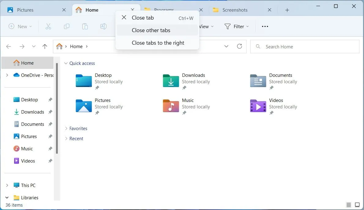 Menu ngữ cảnh cho phép đóng các tab khác trong File Explorer của Windows 11, cải thiện trải nghiệm quản lý tệp
