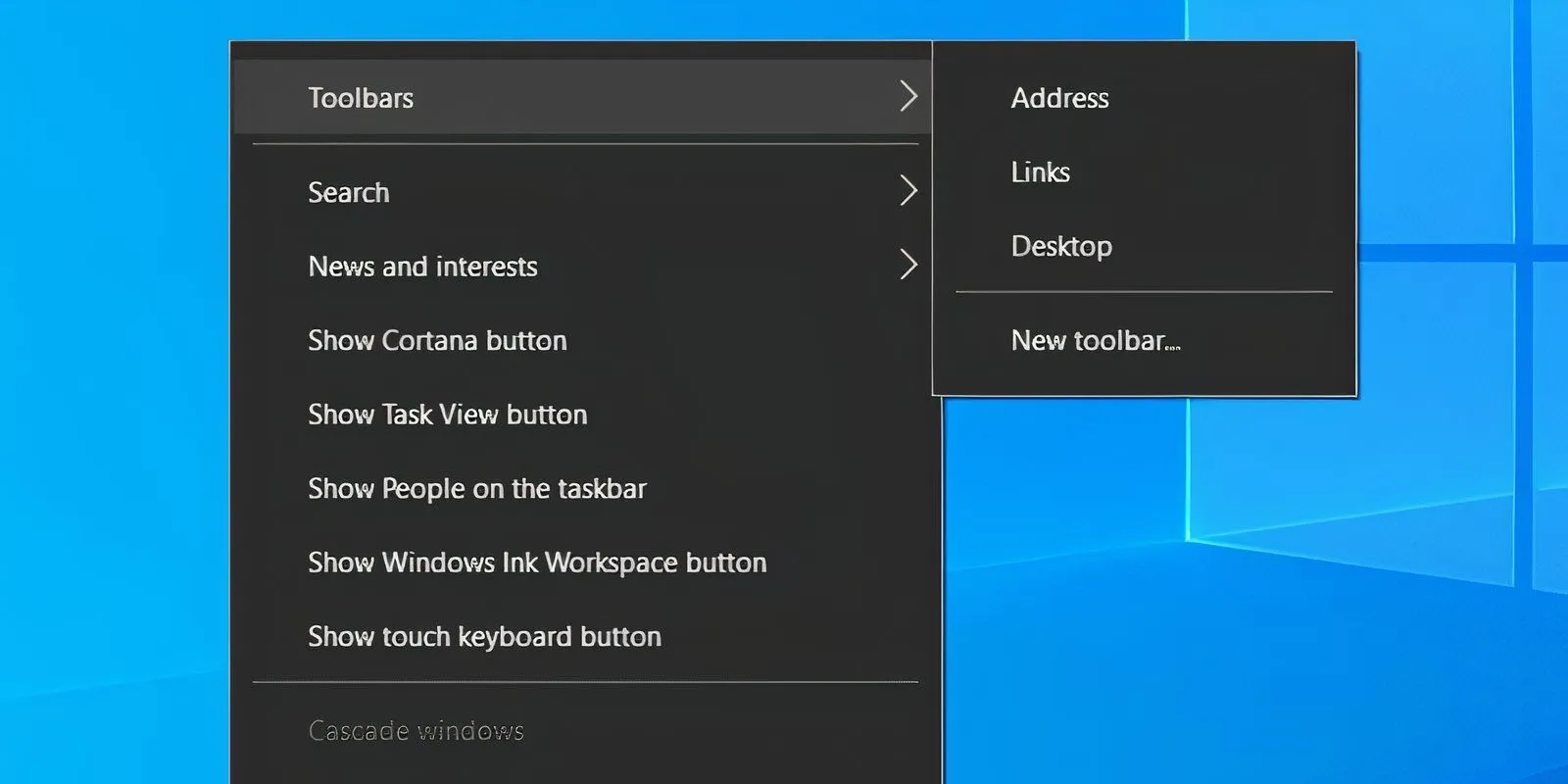 Menu ngữ cảnh của Taskbar Windows 10 hiển thị tùy chọn Toolbars.