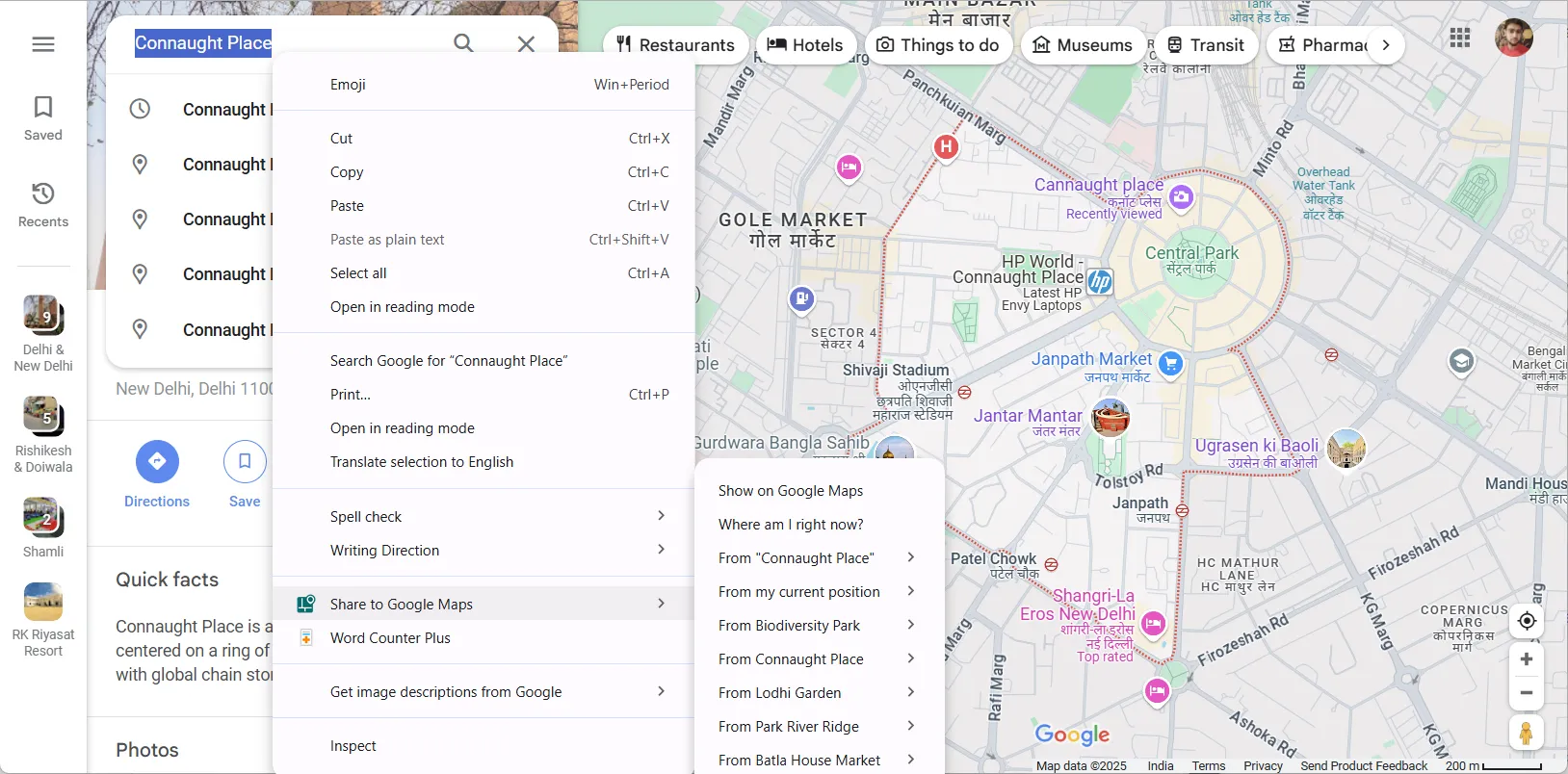 Menu ngữ cảnh khi sử dụng tiện ích Share To Google Maps để mở vị trí nhanh chóng