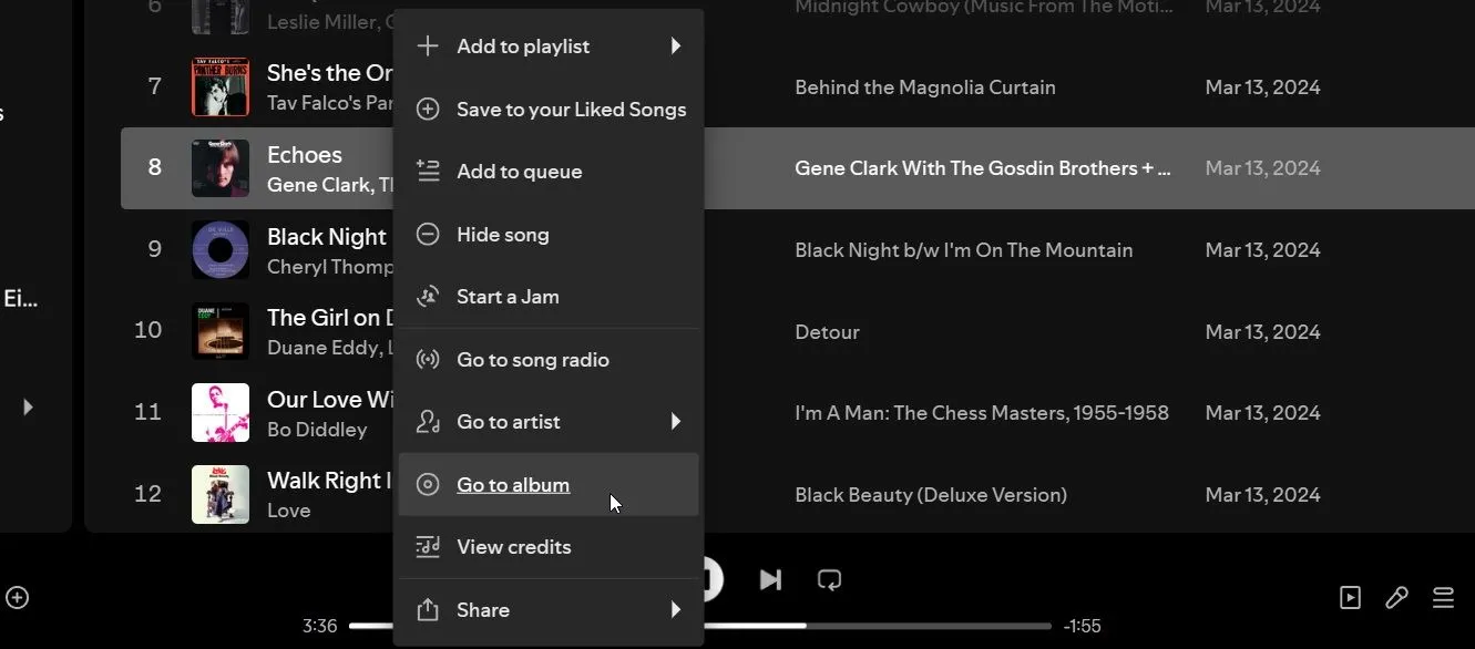 Menu ngữ cảnh trên Spotify với tùy chọn &quot;Đi đến album&quot; để khắc phục lỗi