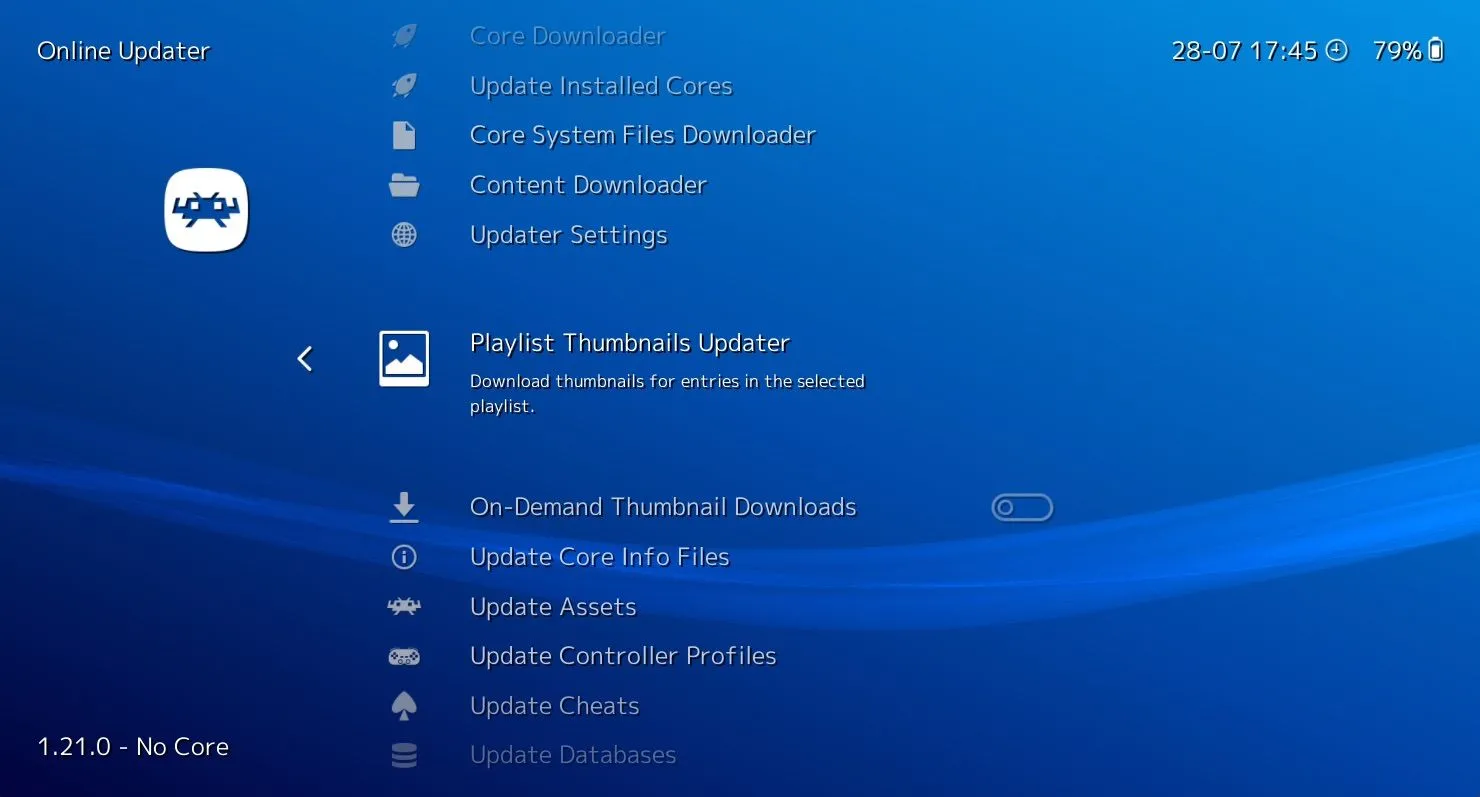 Menu Online Updater của RetroArch, hiển thị tùy chọn tải xuống thumbnails (ảnh bìa) cho game, giúp thư viện game retro trở nên trực quan hơn