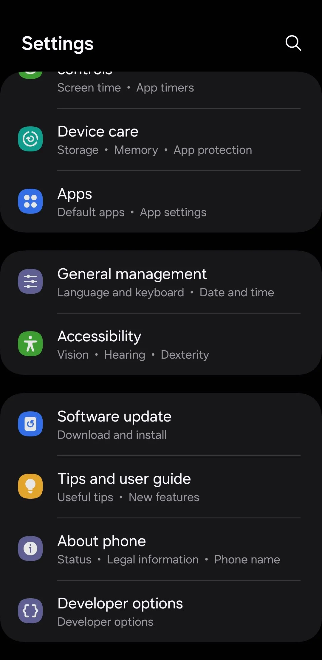 Menu quản lý chung trên điện thoại Android trong cài đặt