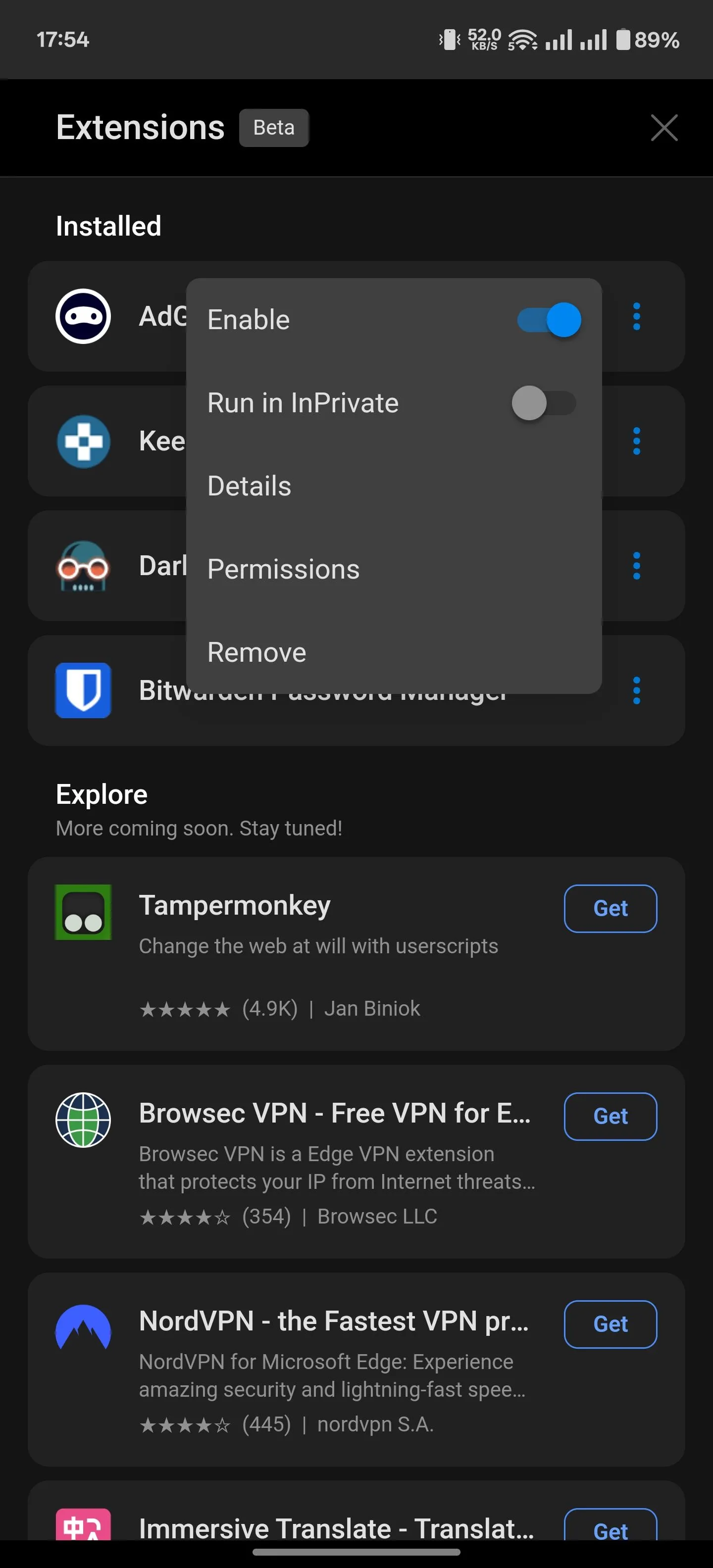 Menu quản lý tiện ích mở rộng đã cài đặt trên Microsoft Edge Android, hiển thị các tùy chọn như vô hiệu hóa, chạy ở chế độ InPrivate và gỡ bỏ