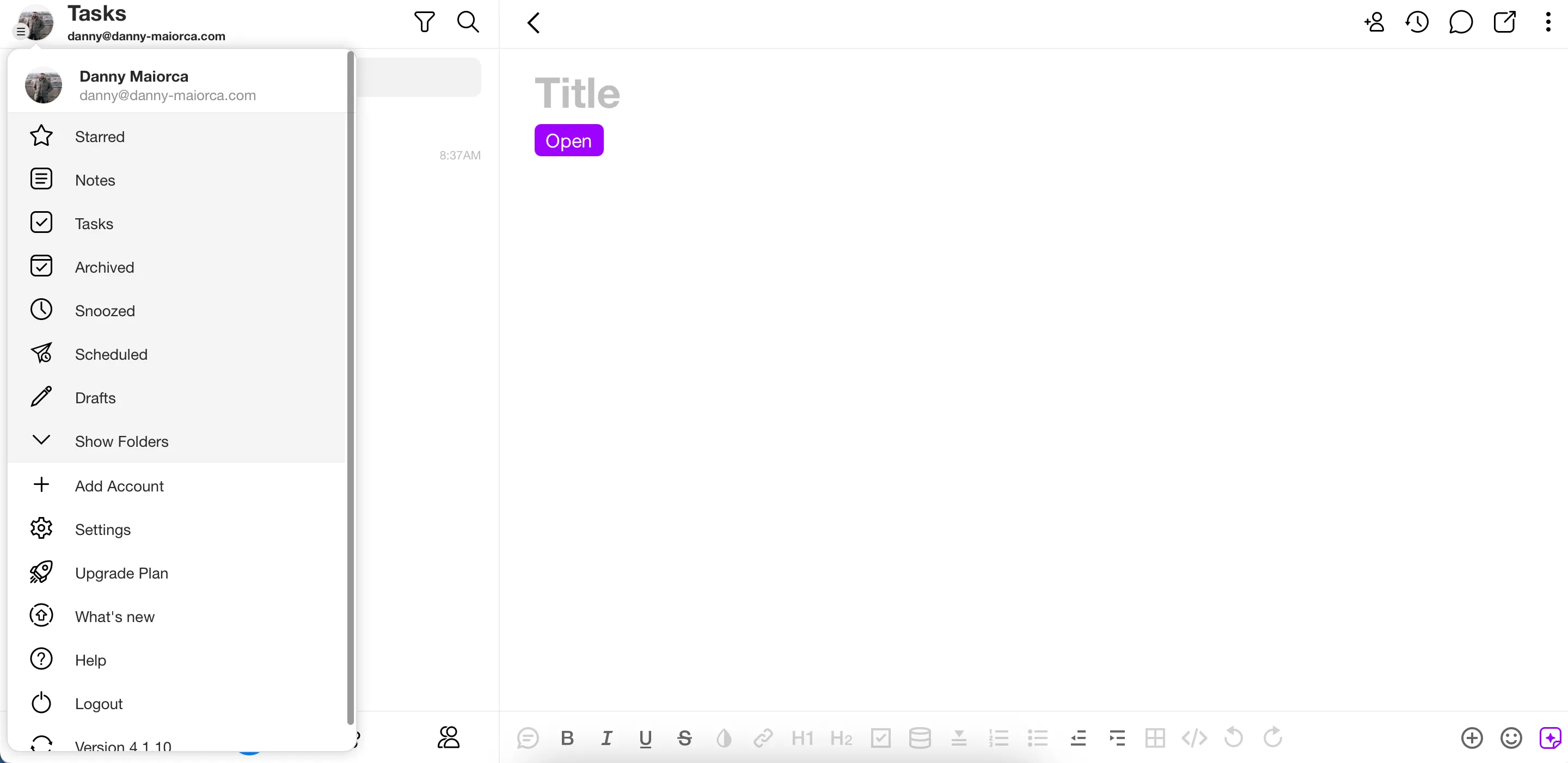 Menu Spike với tùy chọn Tasks được chọn để truy cập danh sách việc cần làm