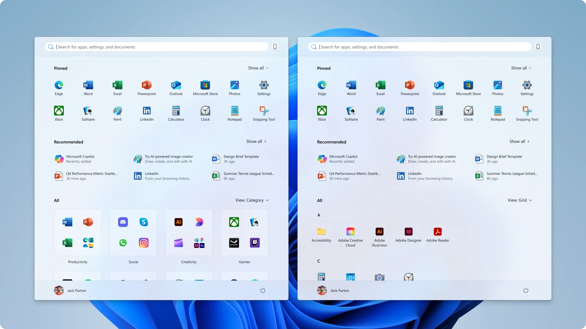 Menu Start Windows 11 với giao diện Category và Grid mới