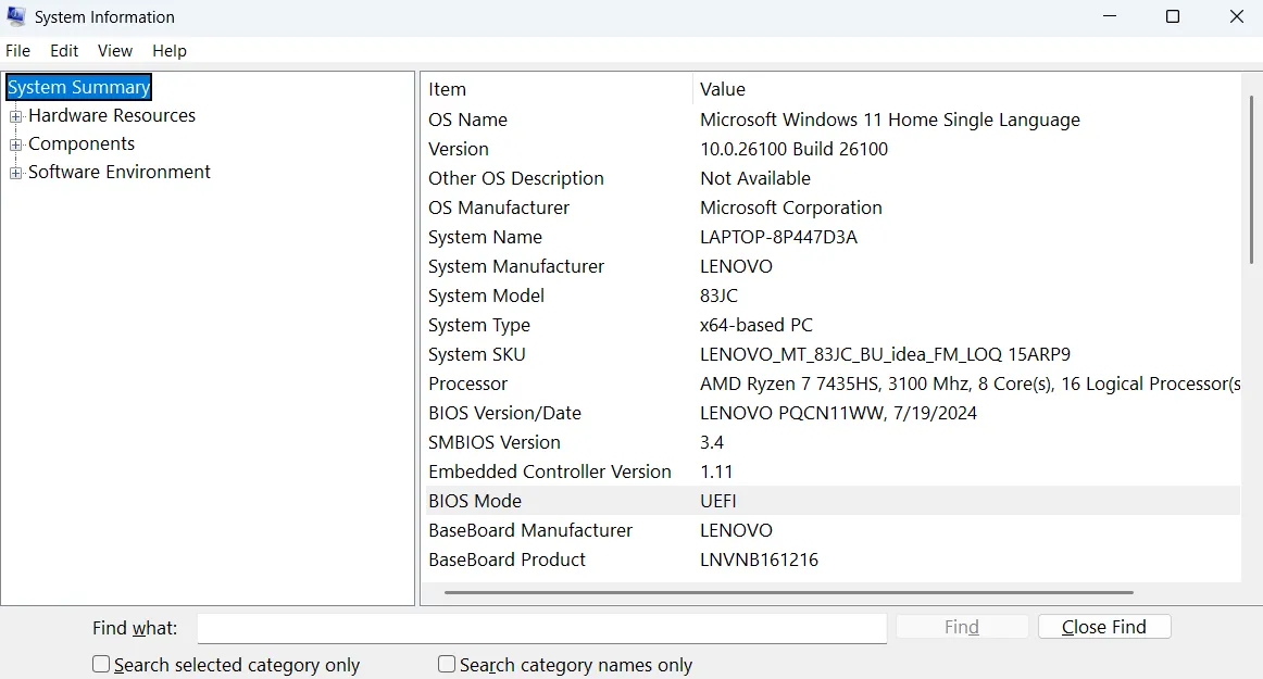 Menu System Information trong Windows