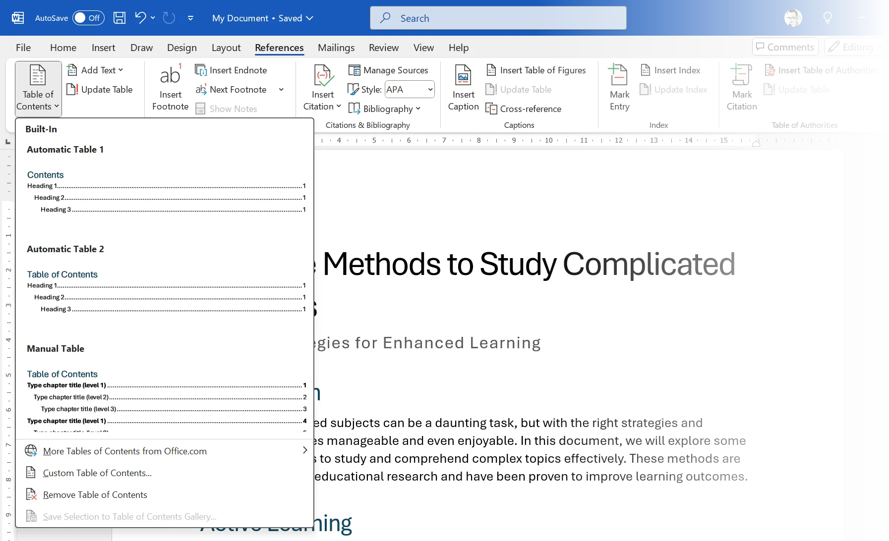 Menu Table of Contents trong Microsoft Word