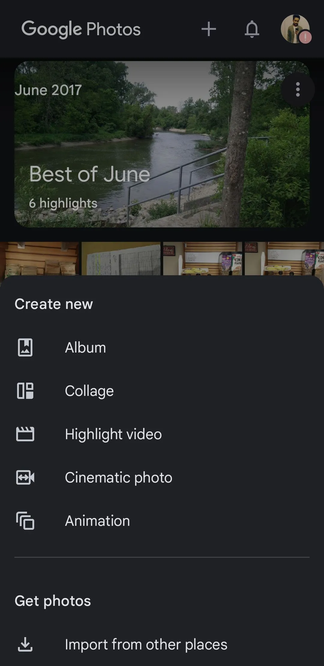 Menu tạo Collage, Ảnh động và Video nổi bật trong Google Photos