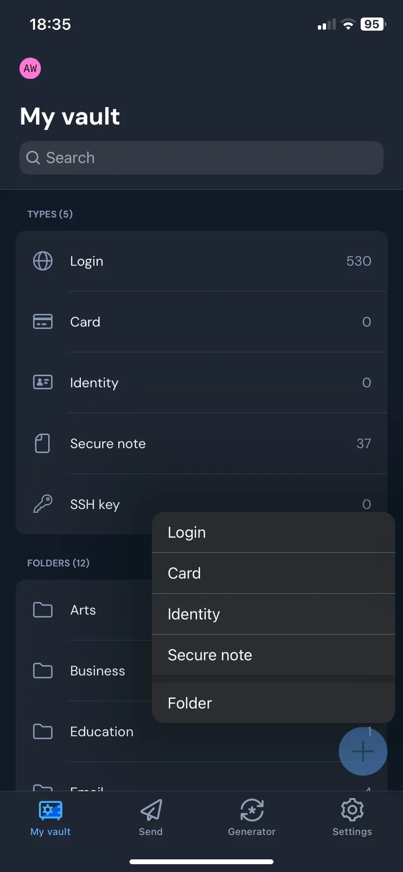 Menu tạo mục mới trong Bitwarden, hiển thị các tùy chọn như Identity, Card, Login và Secure Note.