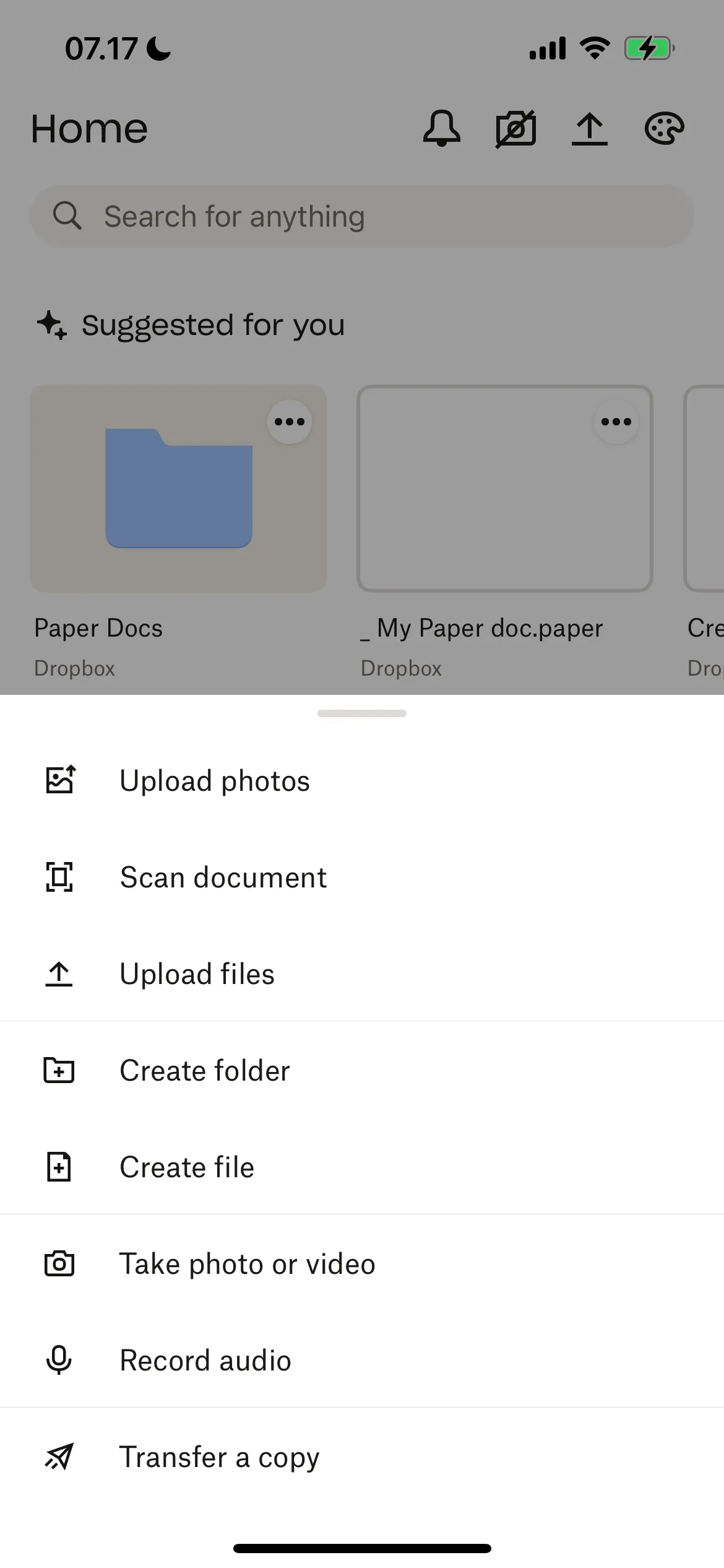 Menu tạo tệp mới trong ứng dụng Dropbox, bao gồm tùy chọn Dropbox Paper