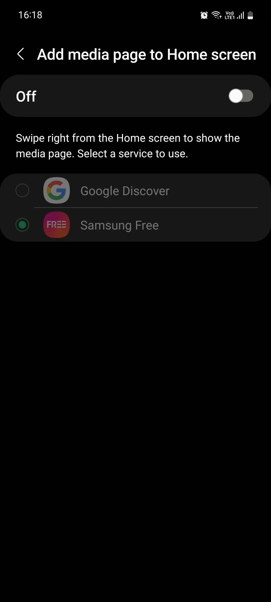Menu trang phương tiện của Samsung, hiển thị tùy chọn tắt 'Thêm trang phương tiện vào màn hình chờ'.