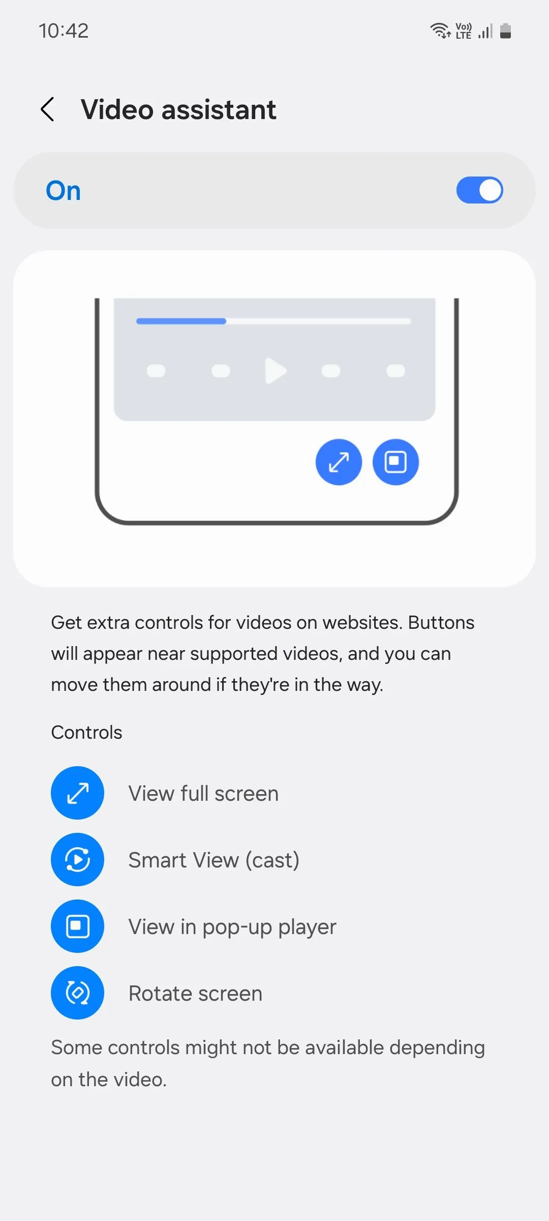 Menu trợ lý video của Samsung Internet cho phép điều khiển phát video