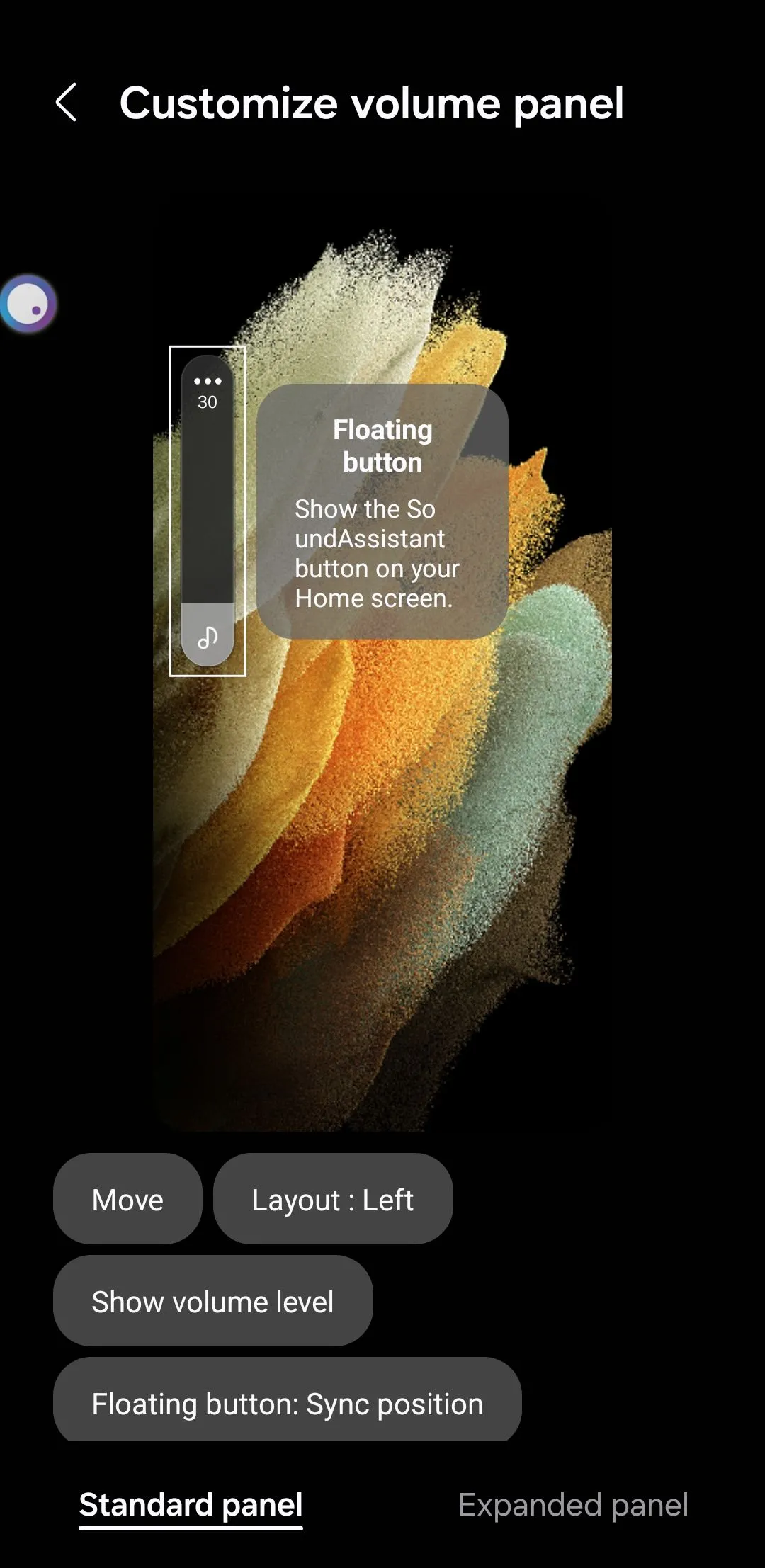 Menu tùy chỉnh bảng điều khiển âm lượng trong Sound Assistant trên điện thoại Samsung Galaxy