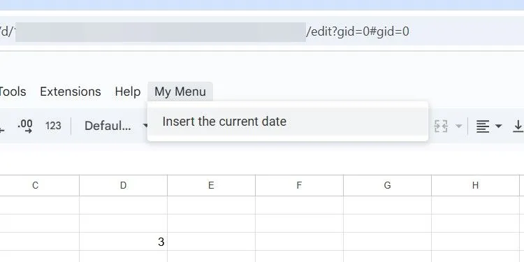 Menu tùy chỉnh 'My Menu' được tạo bằng Google Apps Script trong Google Sheets hiển thị tùy chọn 'Insert Current Date'.