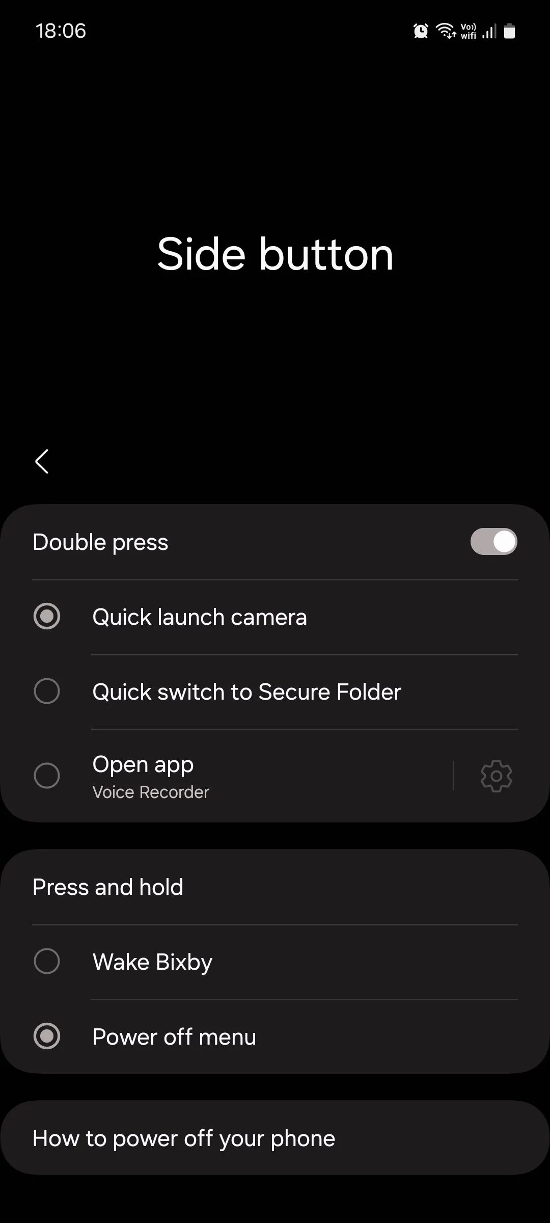 Menu tùy chỉnh nút cạnh trên Samsung One UI