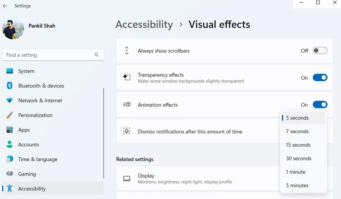 Menu tùy chỉnh thời gian hiển thị banner thông báo trên Windows 11 trong cài đặt trợ năng.